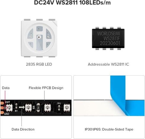 2835SMD WS2811 9.8FT DC24V 108LED/m 18Pixels/m 8mm BTF-LIGHTING IC RGB Chasing Color LED Strip Light Width Flexible
