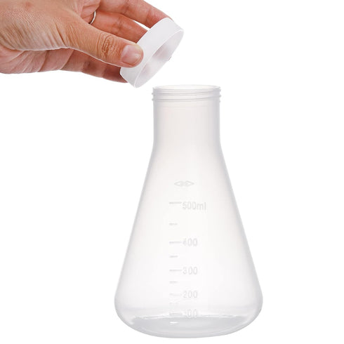 Peohud Set of 10 Scientific Plastic Erlenmeyer Flasks with Screw Caps - Lab Flask Set (50ml, 100ml, 250ml, 500ml, 1L)