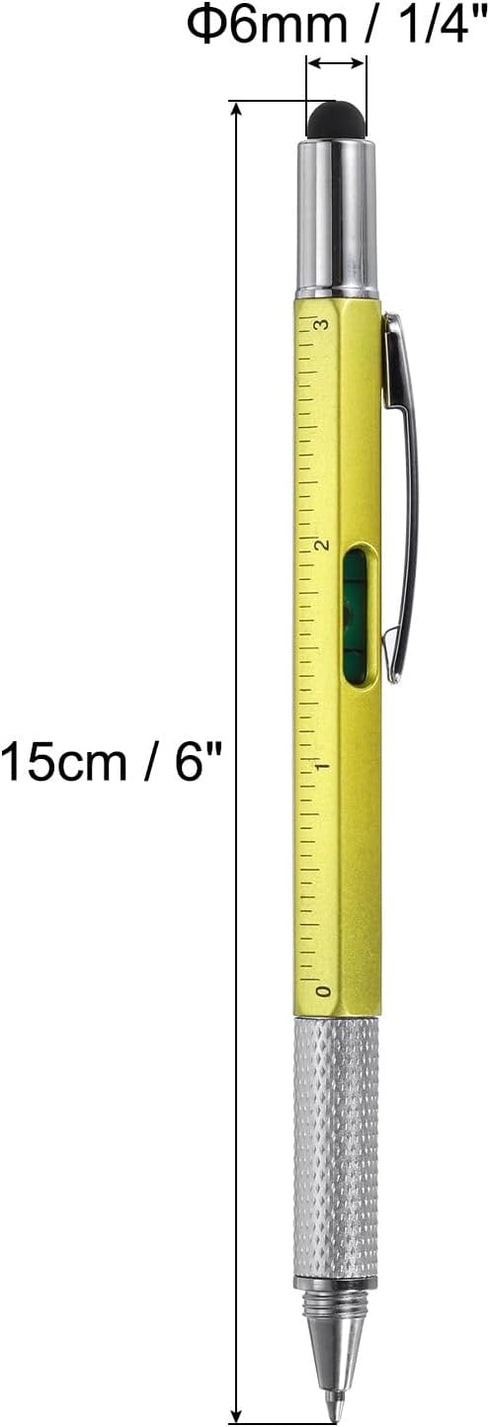 MECCANIXITY 4pcs 6 in 1 Multitool Tech Tool Pen Gifts for Men with Ballpoint Pen, Ruler, Screwdriver, Stylus, Level Gauge, Refills for Christmas Birthday, Yellow