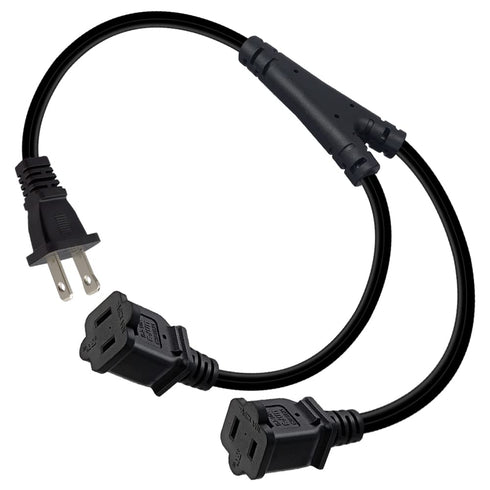 Nema 1-15P to Dual 1-15R Splitter Cable, US AC 2-Prong Male and Female Power Cable, 2Ft