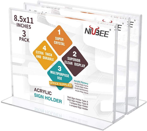 NIUBEE Acrylic Sign Holder, 8.5x11 Inches 3 Pack, T Shape Double Sided Clear Frames for Office Display