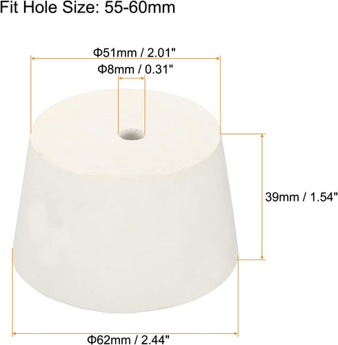 MECCANIXITY Rubber Tapered Plug 51mm to 62mm with 8mm Hole Test Tubes Bungs Stopper White for Lab Home 4 Pieces