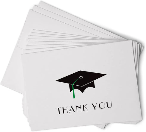 Graduation Cap with Colored Tassel Thank You Cards, 24 Cards & Envelopes, Green