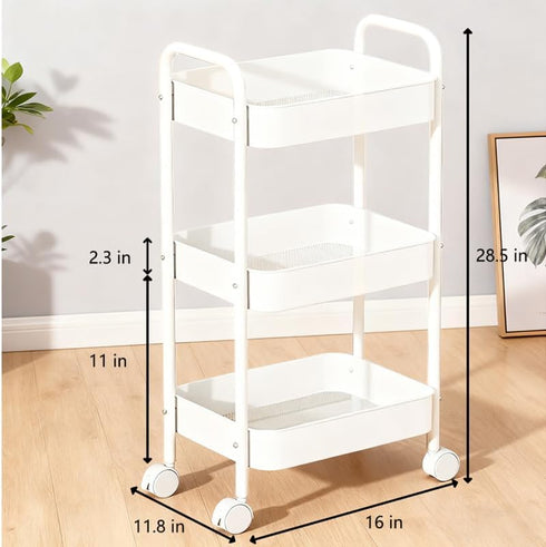 Vamelia 3-Tier Rolling Utility Cart Metal Cart with Lockable Wheels for Office, Living Room, Kitchen, White