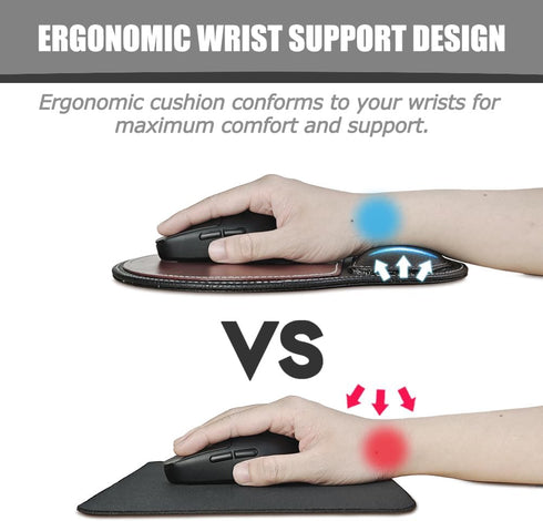 Ergonomic Leather Mouse Pad with Wrist Support - Non-Slip Rubber Base, Memory Foam, Waterproof Surface (Round-Brown)