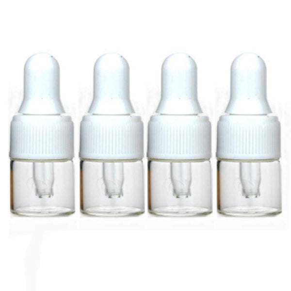 100Pcs 1ml Clear Mini Cute Glass Dropper Bottles with Eye Dropper Dispenser for Essential Oil, White Cap