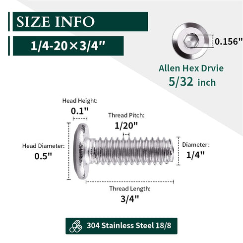 1/4-20 x 3/4" Hex Socket Head Cap Screws, 304 Stainless Steel, 25 PCS