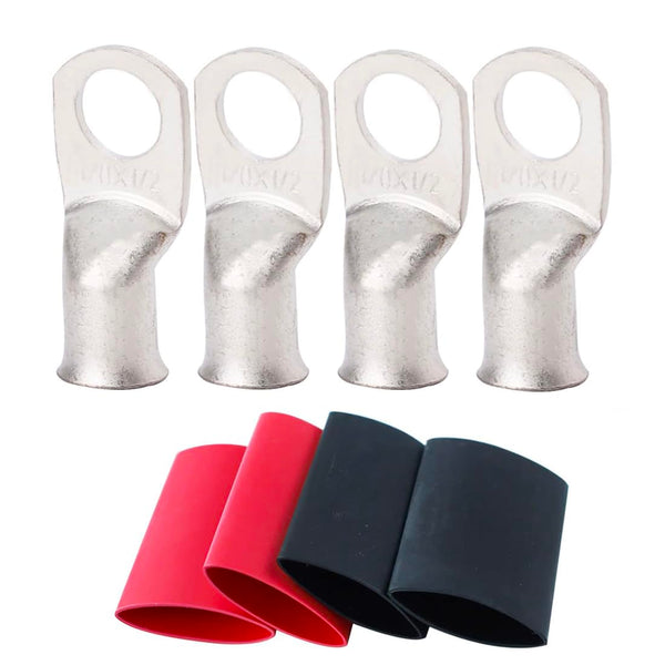 TKDMR 4pcs 1/0 Awg-1/2" Ring Marine Grade Copper Wire Lugs with Heat Shrink Tubing, UL Battery Cable Ends