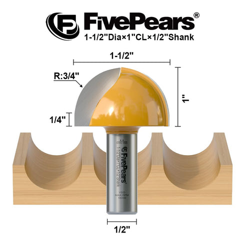 1/2 inch 1-1/2 inch 1 Fivepears Core Box Router Bit with Shank Cutting Diameter Cutting Length for DIY Woodwork