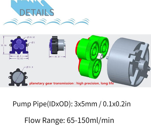 Acogedor DC 6V Peristaltic Pump, Lab Aquarium Micro Pump, ID3mmxOD5mm, 65-150ml/min