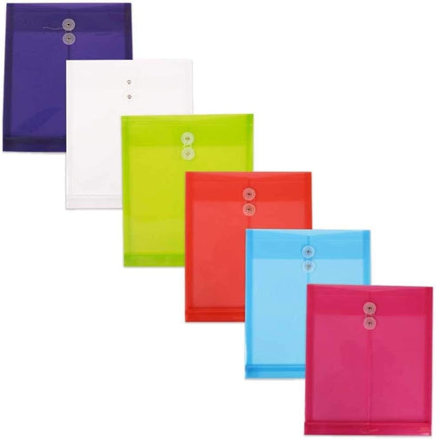JAM PAPER Plastic Envelopes with Button & String Tie Closure, Letter Open End, Assorted Colors, 6/Pack (9 3/4 x 11 3/4)