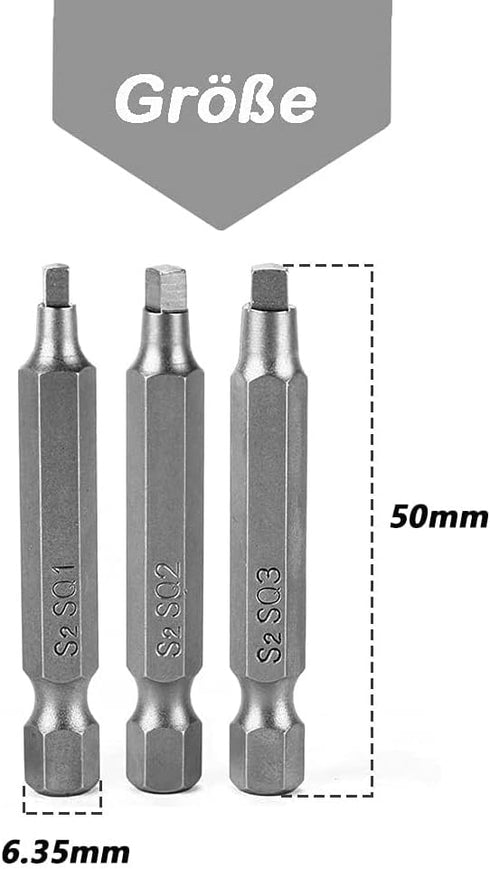 Fixinus 6 Pieces Square Screwdriver Bits, 1/4 inch Hex Shank S2 Steel Magnetic Bit Set, 50mm Length