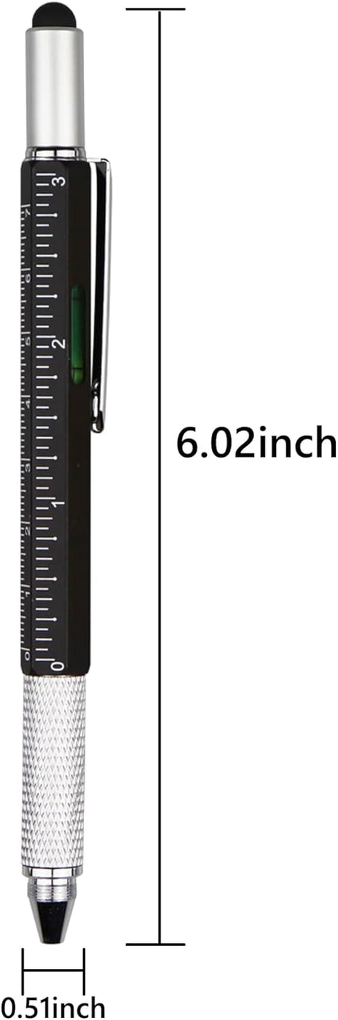 DUNBONG 6-in-1 Metal Multi Tool Pen - Stylus, Screwdriver, Ballpoint Pen, Level, Ruler, 1-Count (Black)