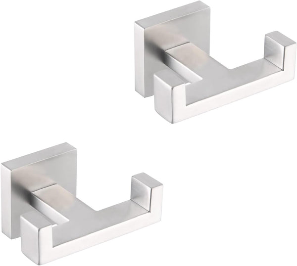 GERZWY Brushed Stainless Steel Coat/Robe Hook, Modern Bathroom Double Towel Hook, Wall Mounted 2 Pack