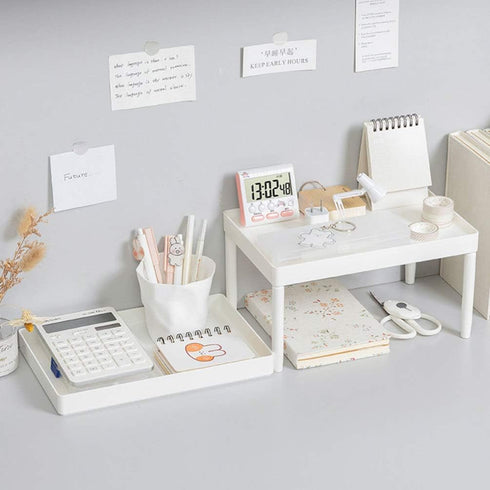 Hemoton Desktop Storage Rack Organizer, Double-Layer Cosmetic Stationery Holder for Kitchen Bathroom Office, White