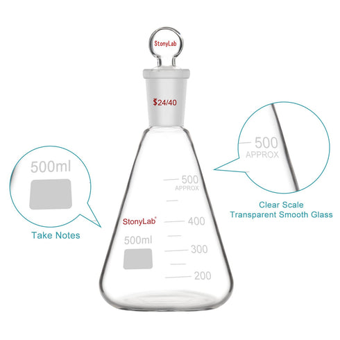 stonylab Glass 24/40 Erlenmeyer Flask with Stopper, 500 ml Borosilicate Glass Heavy Wall Flask with 24/40 Joint