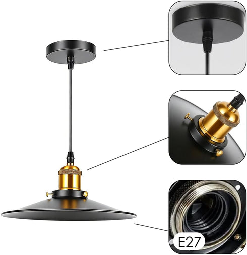 7.87 Inch E26/E27 Industrial Black Saucer Pendant Light with Brass Socket, Vintage Metal Hanging Light Fixture, Pendant