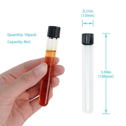 13x100mm Glass Test Tubes with Black Screw Caps, 8ml Boro Glass Test Tubes for Scientific Experiments, Candy Storage, Party and Home Decorations, Plant Propagation and Holiday Gifts, HUAOU, Pack of 10