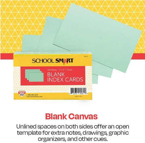 School Smart Blank Plain Index Cards, 3 x 5 Inches, Green, Pack of 100