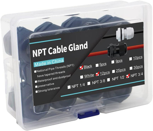 Cable Glands 3/4 Inch Nylon Waterproof Cable Connector, IP68 Waterproof Cable Range 13-18mm, 12 Pack
