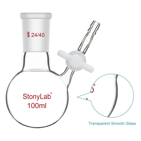 stonylab 100 ml Borosilicate Glass Single-Neck Reaction Flask with 24/40 Joint and PTFE Stopcock Valve