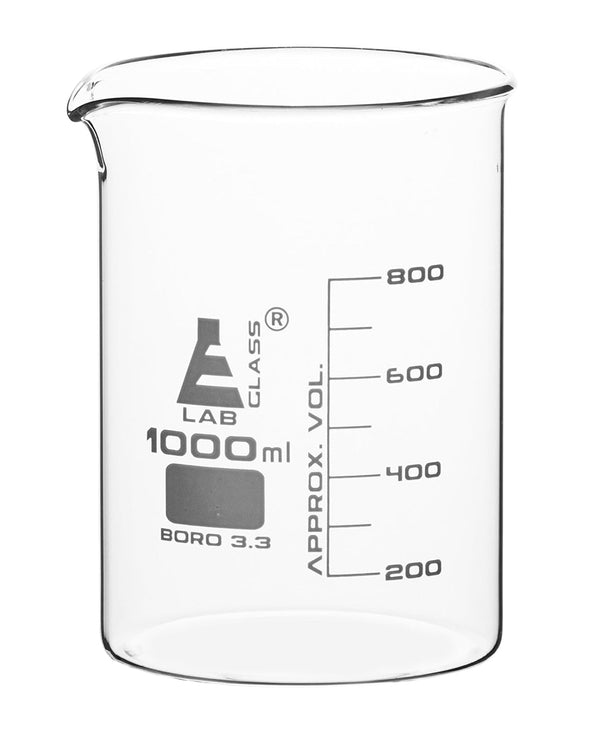 EISCO Beaker, 1000ml - Low Form with Spout - White, 100ml Graduations - Borosilicate 3.3 Glass