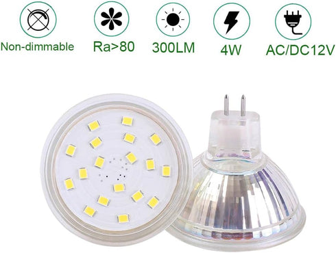 MR16 LED Light Bulbs, AC/DC12V Non-dimmable GU5.3 4W Spotlights, 6000K Cool White, Pack of 2