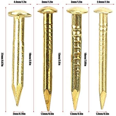 100Pcs Brass Escutcheon Tacks, Round Head Brass Brad Nail Hardware Assortment Kit (15mm Length)