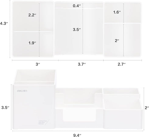 deli Desk Organizer, Plastic Desktop Organizer with Pencil Holder and Sticky Note Tray, 6 Compartments, White