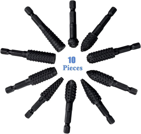 Mesee 10 Pieces Rotary Burr Rasp Set, 1/4 Inch Hex Shank Quick Change Wood Carving Drill Bits