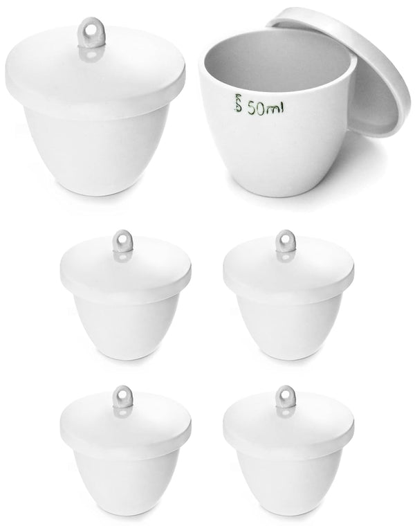 QWORK Lab Porcelain Crucible with Lid, 50ml Capacity, White, Smooth Surface, 6 Pack for Heating Chemicals
