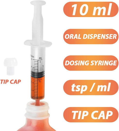 10mL Syringe for Liquid, Food, Oral, Scientific Labs, Measurement, Dispensing, Press-In Adapter, Craft, Big Tip with Cap- 3 Pack 10ml Syringes with tsp & mL Measurement