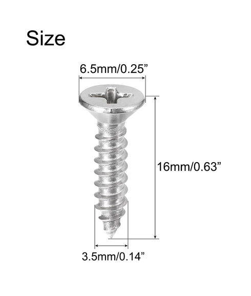 KA 3.5 X 16mm Flat Head Self Tapping Screw, Phillips Cross Recessed Threaded Countersunk Wood Screws, 304 Stainless Steel 18-8 Fastener Bolts, 250PCS