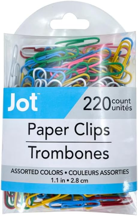 Paper Clips, 220 Count Multicolor Plastic-Coated Paper Clips, Assorted Sizes, 1.1" or 2.8cm