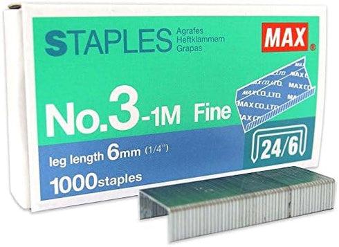 PLESIU MEselected MAX No.3-1M Flat Clinch Staples (24/6) for Office, 4 Boxes (4,000 Staples), Silver