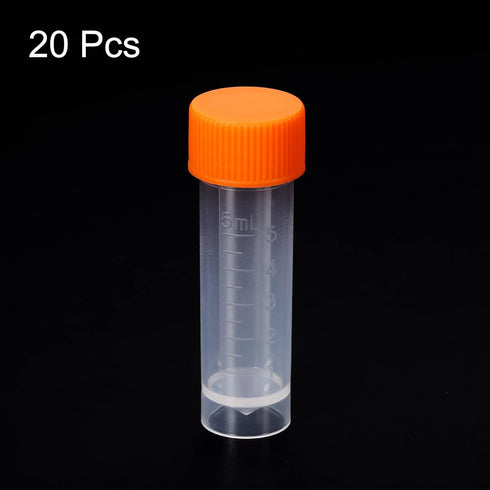 PATIKIL 5mL Plastic Test Tubes - 20 Pack Frozen Container Storage with Screw Cap for Lab Laboratory Science, Clear