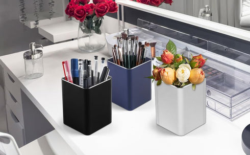 RQB Metal Pen Holder for Desk - Square Aluminum Organizer and Makeup Brush Holder, Gray