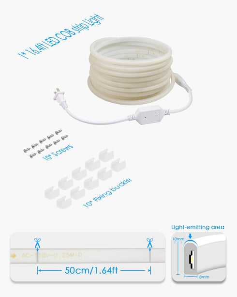 5M 16.4ft 6000K 110V ~120V Closet COB Led Strip Lights for Outdoor Waterproof LED Rope Lights Daylight White AC