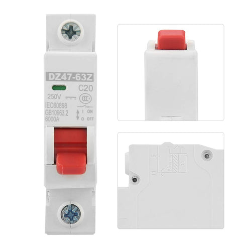 DC Circuit Breaker, 20 Amp Miniature Circuit Breaker DC MCB Single Pole 1 Module Miniature Single Pole Leakage Circuit Breaker for Overload, 6 KA Breaking Capacity, 20 A Current