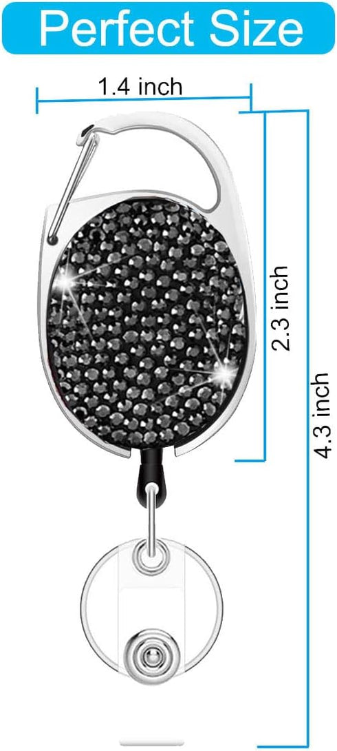 HASFINE Elegant ID Badge Holders 2 Pack Bling Rhinestone Retractable Badge Reels with Belt Clip & Key Ring (Black &