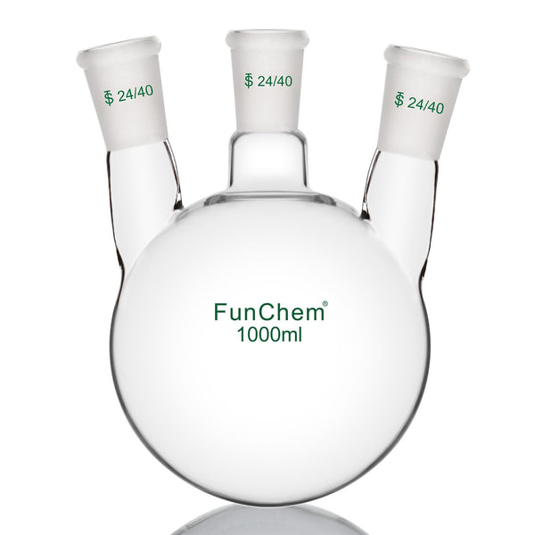 Three Neck Round Bottom Flask, Glass 3-Neck Boiling Flask with 24/40 Standard Taper Joint, 1000 mL