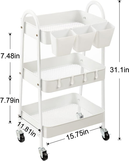 danpinera 3-Tier Rolling Cart, Metal Storage Cart with Lockable Wheels, Mobile Trolley for Kitchen, Bathroom