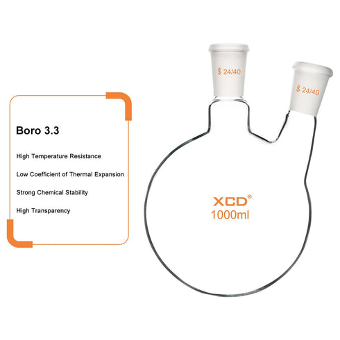 Round Bottom Flask with 2 Necks, Borosilicate Glass Heavy Wall Lab Flask with 24/40 Center and Side Standard Taper