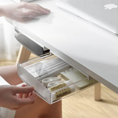 SOUJOY 3 Pack Under Desk Drawer, Self-Adhesive Slide Out Organizer Tray for Hidden Storage in Office, Home, Kitchen