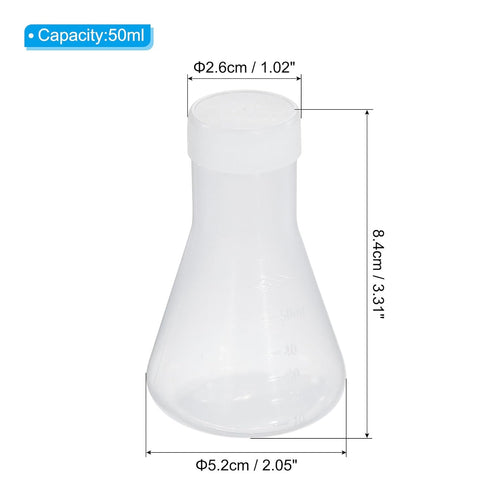 PATIKIL 50ml Plastic Erlenmeyer Flask with Screw Caps, 1 Pack Narrow Mouth Conical Flask for Laboratory, Clear