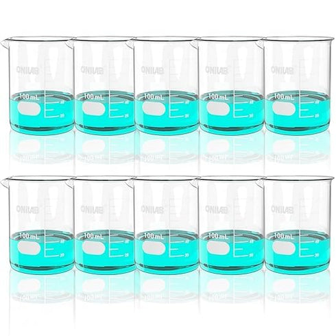ONiLAB Scientific Glass Beakers Shot Glass, 100ml, 3.3 Borosilicate Griffin Low Form with Printed Graduation, Pack of 10