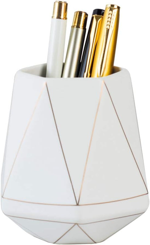 White Ceramic Desk Cute Pen Holder Stand, Gold Line Pencil Cup Pot Organizer for Makeup Brushes