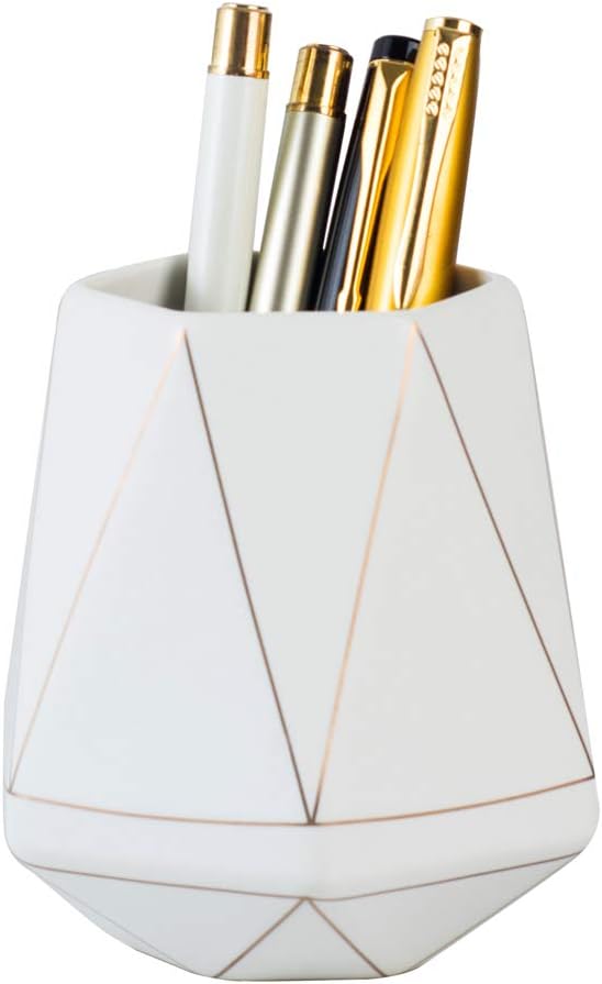 White Ceramic Desk Cute Pen Holder Stand, Gold Line Pencil Cup Pot Organizer for Makeup Brushes