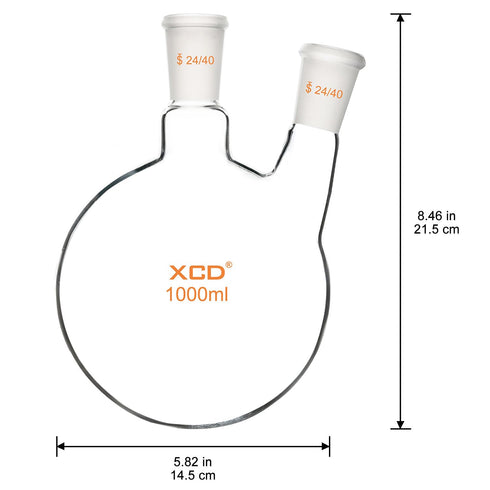Round Bottom Flask with 2 Necks, Borosilicate Glass Heavy Wall Lab Flask with 24/40 Center and Side Standard Taper