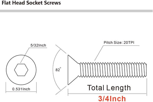 1/4-20 x 3/4" Flat Head Socket Cap Screws, Allen Socket Drive, Stainless Steel 18-8 (304), Full Thread, Bright Finish,